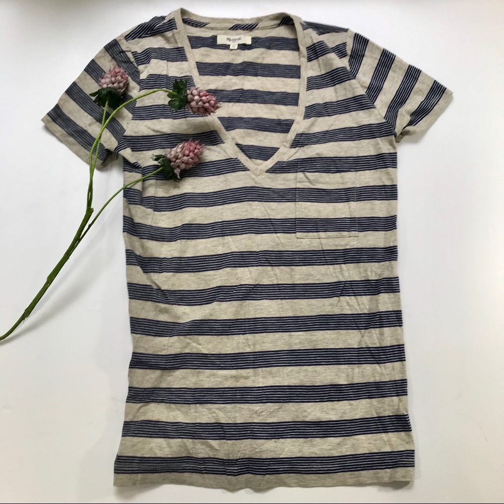 MADEWELL Blue/Gray Striped V-neck Pocket T-shirt